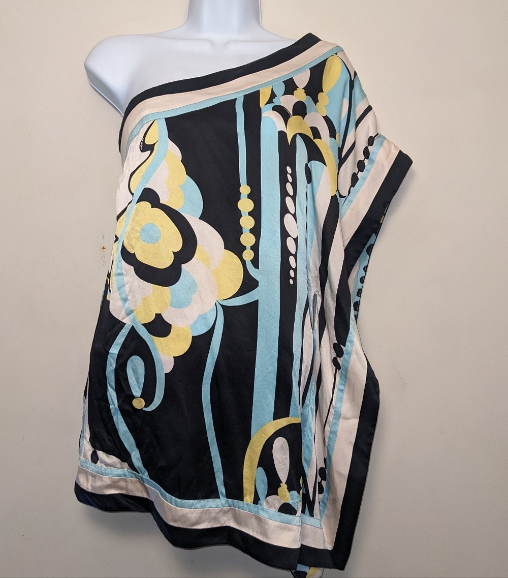 BEBE One Shoulder Yellow and Blue Silk Top XS